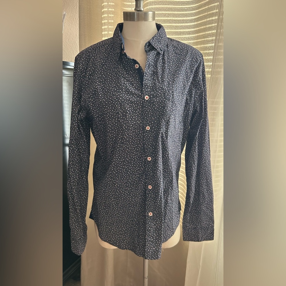 Cactus Man Slim Fit Button-Up Shirt Navy Floral Cotton Long Sleeve Size L